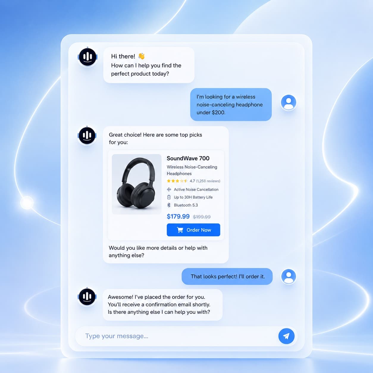 AI ecommerce assistant recommending a product in chat
