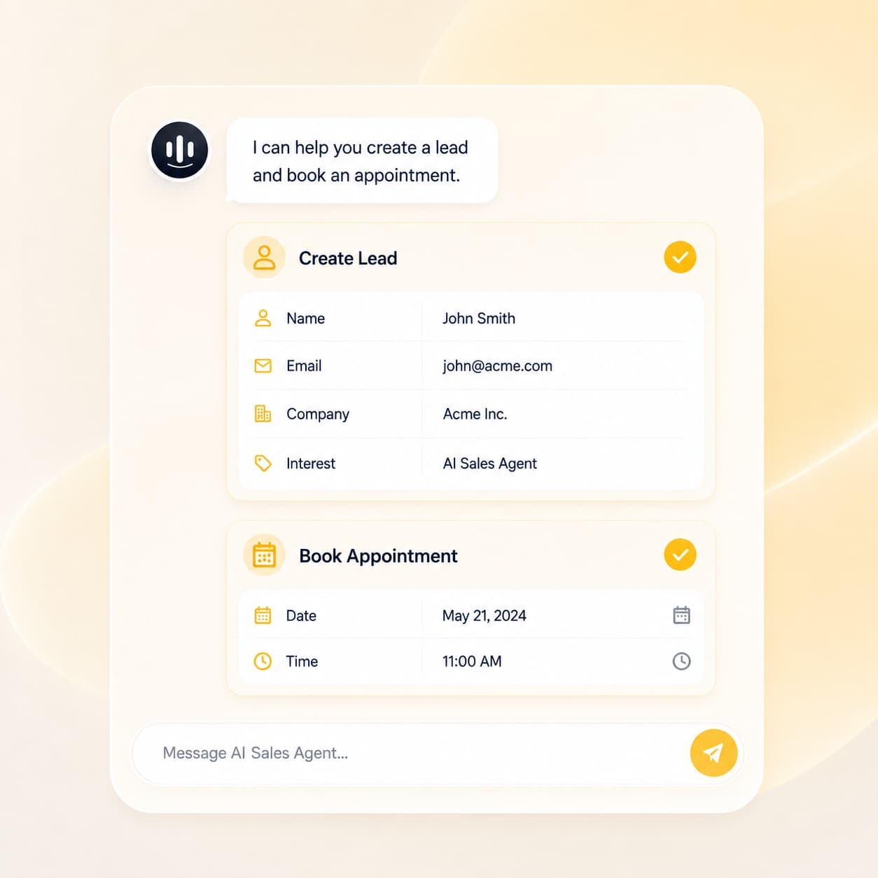 AI sales agent creating a lead and booking an appointment