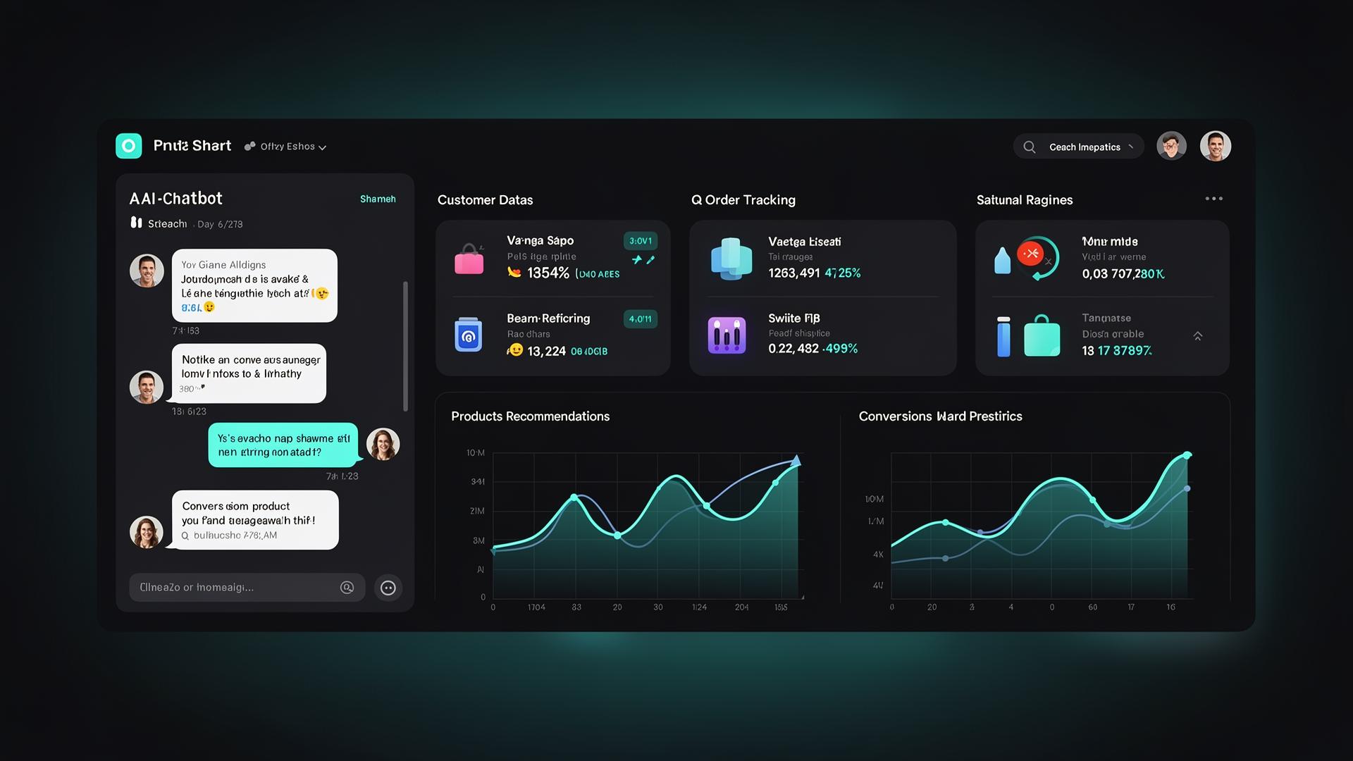 TaggoAI Dashboard showing AI chatbot, customer data, order tracking, and analytics